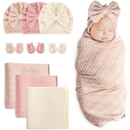 DRESHOW BQUBO Newborn Receiving Blanket Bow Hat Gloves Set Cotton Warm Baby Swaddle Blanket Wrap Baby Sleep Sack Shower Gift