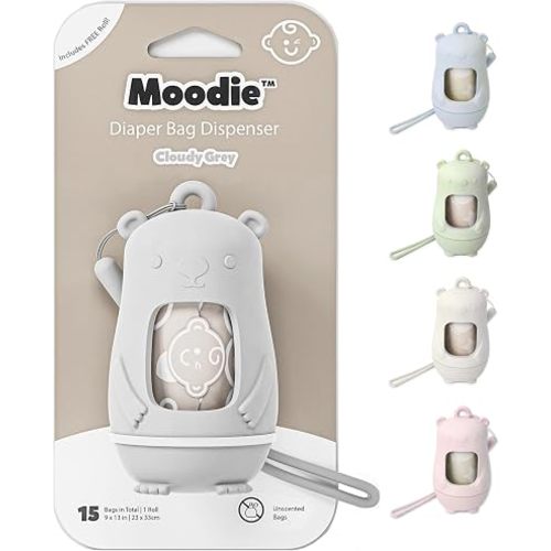 Moodie Teddy Bear Dispenser | Diaper Trash Bags on the Go Dispenser w/Silicon Strap | 15 UNSCENTED Baby Poop Bags per Roll | Dirty Diaper Bag Dispenser Disposable | Diaper Waste Bags (GREY)