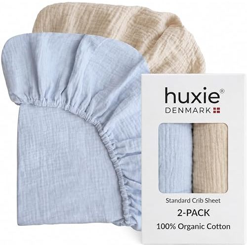 Crib Sheets – Organic Cotton Muslin Fitted Crib Sheet – Standard Size for Baby Boys 28" x 52" Ultra-Soft and Breathable. 2-Pack(Baby Blue/Fog)