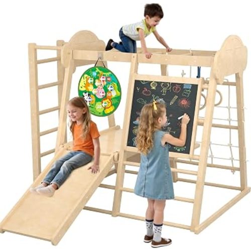 9-in-1 Indoor Jungle Gym, Montessori Indoor Playground for Toddlers,Wooden Climber Set with Swing, Slide, Monkey Bars, Climbing Neting, Upright Ladder, Climbing Ladder, Rings, Black Board, Dart Board