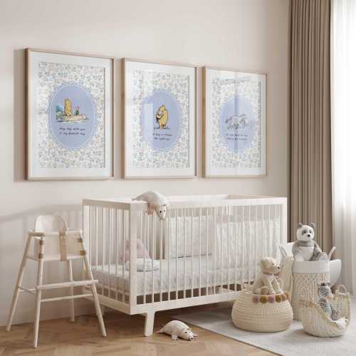 Winnie the Pooh Nursery Prints: Blue Floral Baby Girl Decor (Set of 3)