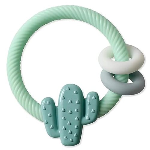 Itzy Ritzy Silicone Teether with Rattle; Rattle Teether Features Rattling Sound, Two Silicone Teething Rings and Raised Texture to Soothe Gums; Ages 3 Months and Up (Cactus)