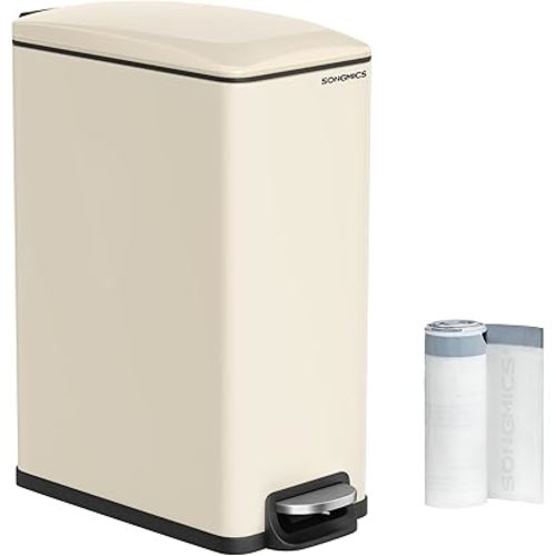 SONGMICS Slim Trash Can, 13-Gallon (50 L) Garbage Can for Narrow Spaces with Soft-Close Lid, Inner Bucket, and Step-on Pedal, Stainless Steel, 15 Trash Bags Included, Sand Beige ULTB510A01