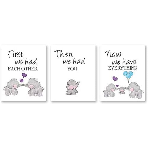 Cute Baby Elephant Watercolor Art Print, Set of 3 Balloon Elephant Family Love Quote Wall Art Poster, Living Room Bedroom Home Decor Nursery Art Canvas,Unframed 8x10 Inch