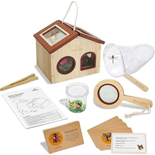 Kids Bug Catching Kit, 6-in-1 Nature Discovery Kit with Breathable Wooden Critter Habitat House, 15 Insert Cards, Magnifying Glass, Butterfly Net, Summer Outside Toys, Gift for Boys & Girls