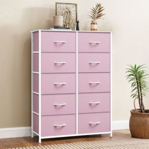 10 Drawer Dresser , Fabric Storage Tower, Organizer Unit for Room, Living Room, Hallway, Closets ,Sturdy Steel Frame, Wooden Top,Pink