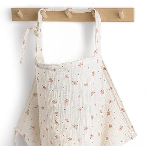 Blissful Diary Muslin Nursing Cover for Breastfeeding, Breathable Breastfeeding Cover up with Arch Neckline for Women, Nursing Apron (Pink Floral)