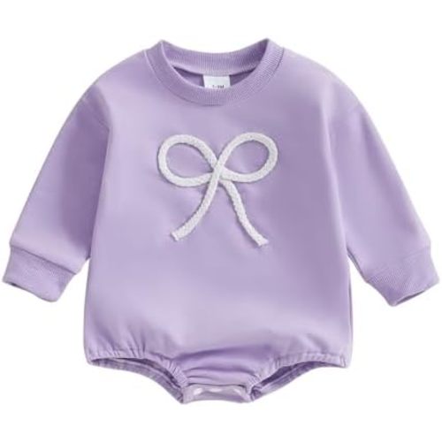 Newborn Baby Girl Fall Outfit Bow Oversized Sweatshirt Bubble Romper Long Sleeve Sweater Bodysuit One-Piece Jumpsuit