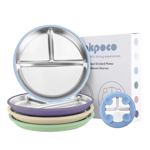 Bakpoco Stainless Steel Suction Plates for Toddlers, 9" Divided Kids Baby Plates with Removable Silicone Suction, Non Toxic Non Slip Portion Control Snack Dishes 4 Packs, Blue Green Purple Beige