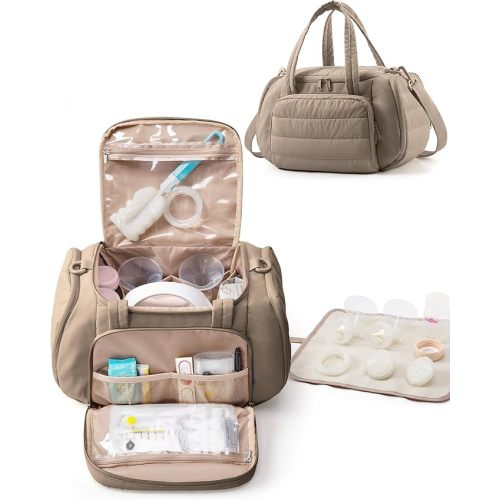 Marscamd Quilted Breast Pump Bag Compatible with Spectra S1 and S2, Pumping Bag with Cooler Compartment and a Drying Mat, Camel