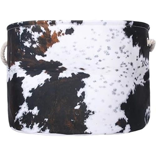 Highland Cow Nursery Baskets Large Size Western Laundry Basket with Cotton Rope Handles Cowboy Nursery Decor Hamper For Toys Cloths Baby Stuff (Cow skin)