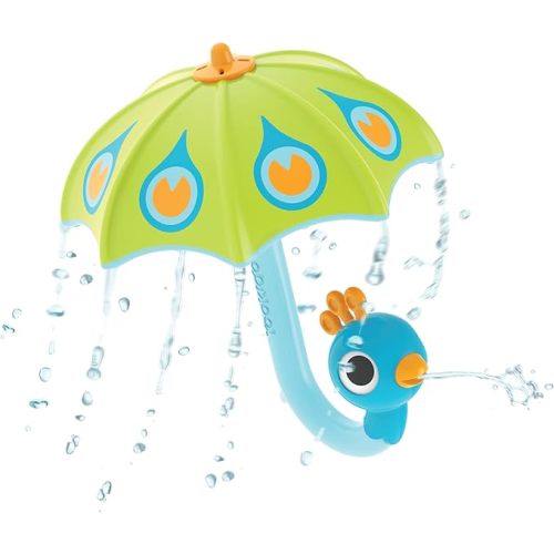 Yookidoo Baby Bath Toy Green Peacock Umbrella Water Sprinkler with 3 Moving Pieces (Mold Free) - Fill with Water for Bubbles, Spinning & Sprinkler Effects - Bath Time & Pool Fun