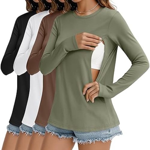 4 Pack Women's Nursing Breastfeeding Tops, Long Sleeve Maternity Shirts Loose Fit Hidden Zipper Pregnancy Clothes