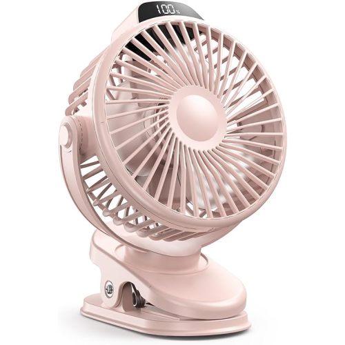 Koonie Portable Clip On Fan, Small USB Battery Operated, 3 Speed Rechargeable Mini Pink With LED Display, 360° Rotate Personal Cooling for Desk Stroller Travel Camping Golf Gym