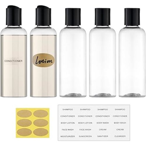 Travel Bottles for Toiletries 3.4 oz TSA Approved - 5 Pack Leak Proof Travel Size Containers, Clear Squeezable Plastic Bottles with Labels for Shampoo Lotion, Flight Cruise Gym Essentials