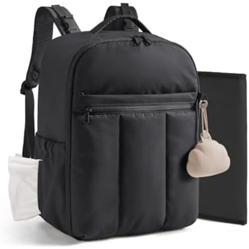 BAGSMART Baby Diaper Bag Backpack, Lightweight Puffy Diaper Bag with Insulated Pockets& Pacifier Case, Travel Stroller Straps with Waterproof Changing Pad, Black
