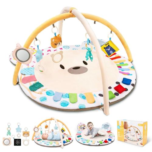 Baby Play Gym, Thickened and Non Slip Activity Mat, 5 Developmental Zones Tummy Time Mat with 5 Detachable Sensory Toys for Motor Skills, Baby Essentials Shower Gift Box(Bear)