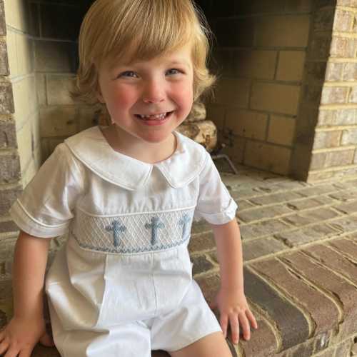 Cross Smocked Shortall in White with Blue Crosses - Baby Boy, Baptism, Easter outfit, Christening, Heirloom outfit, Vintage Style 588 *A