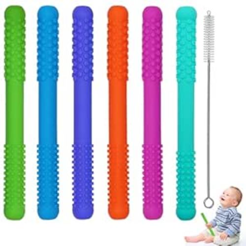Hollow Teething Tubes Toys for Babies Girls Boys, 6 Pack Silicone Baby Teether Toy Tube for Infants with Nursing Biting Chewing, Chew Straws for Toddlers 6-12 Months (Style A)