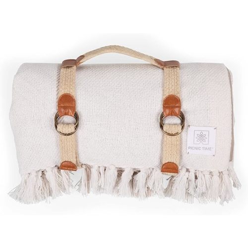 Picnic TIME Montecito Picnic Blanket with Harness, Large 60" x 70" Outdoor Blanket, Woven Cotton Top with Water-Resistant Poly Duck Backing, Sandproof Beach Mat for Camping & Travel (White & Taupe)