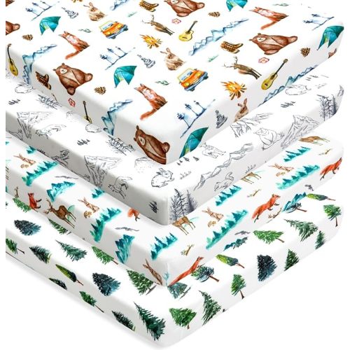 4 Pack N Play Sheets Woodland Forest Animals Wood Neutral Unisex Fitted Baby N Play Sheets Fitted for Standard Pack and Plays and Mini Cribs Set for Baby Boys or Girls