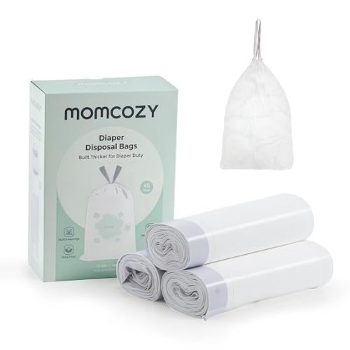 Momcozy 13 Gallon Drawstring Diaper Pail Bags, 45 Count Trash Bag Refills, 3 Rolls x 15 Bags, Compatible with Momcozy Diaper Pail, Ultra-Thick Disposable Diaper Disposal Bags for Nursery