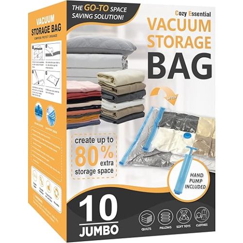 Cozy Essential Vacuum Storage Bags, Space Saver Bags，Compression for Comforters and Blankets, Pillow, Bedding, Sealer Clothes Storage,10 Jumbo