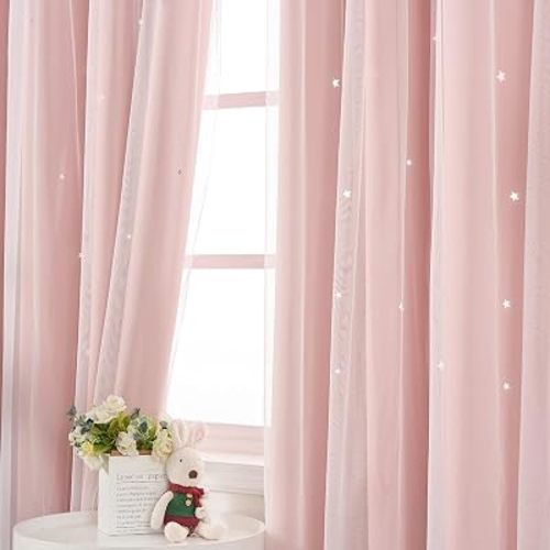 Light Pink Curtains for Girls Room Blackout 63 Inches Long Cute Star Cutout
