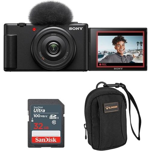 ZV-1F Camera, Black, Bundle with SanDisk Extreme 32GB SD Card, Camera Bag for Point and Shoot Camera and Accessories, Complete Sony Digital Vlog Camera Kit (3 Items)