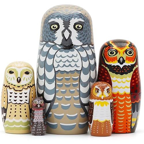 Set of 5 Owl Family Nesting Dolls Forest Animals Nesting Dolls Matryoshka Russian Doll Figurines Kids Stacking Dolls for Father's Day Christmas Birthday Owl Lover Home Decoration