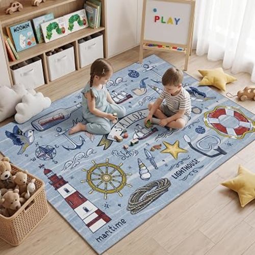 Sasttie 4x6 Area Rug, Coastal Nautical, Washable Ocean Theme Rugs, Blue