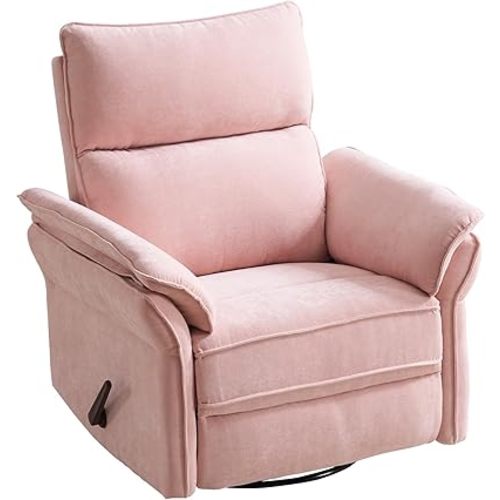 Rocking Chair Nursery with Adjustable Headrest,Manual Swivel Rocker Recliner Nursery Chair with Overstuffed Armrest,Glider Rocker Recliner for Living Room & Bedroom,Pink