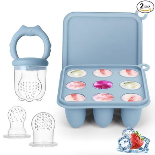 Baby Fruit Food Feeder Breastmilk Popsicle Molds, Silicone Food Freezer Tray for Cooling Teething Relief, Baby Food Feeder for Safe Infant Self Feeding, Includes 3 Extra Food Pacifier