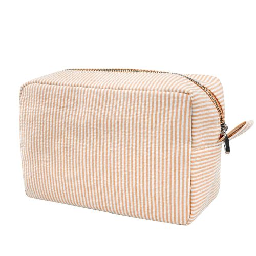 GFU Cosmetic Bags for Women, Seersucker Cosmetic Bag, Travel Toiletry Stripe Makeup Bag, Large Women Aesthetic Organizer Storage Pouch, Girls Handbags Purses, Orange
