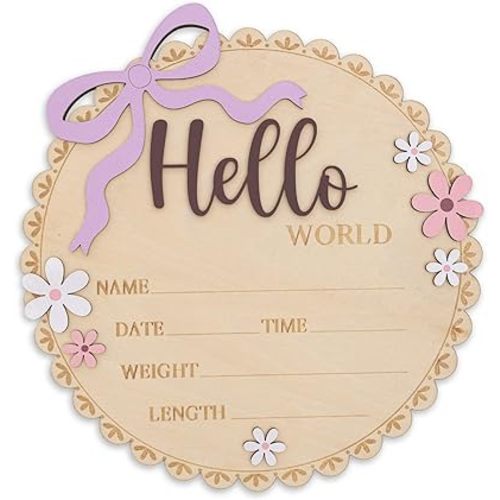 TTMerriwood Hello World Wooden Baby Birth Announcement Sign, Pink Floral Newborn Name Date Time Weight Length Board, Baby Girl Nursery Decor Photo Prop Keepsake (Mouve)