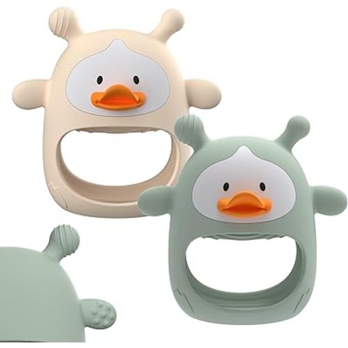 2 Packs Baby Teething Toys for 3-6 6-12 Months, Food Grade Silicone Teething Mitten, Anti Dropping Wrist Hand Teethers, Never Drop Baby Chew Toys for Sucking Needs, BPA Free (Nude & Green)