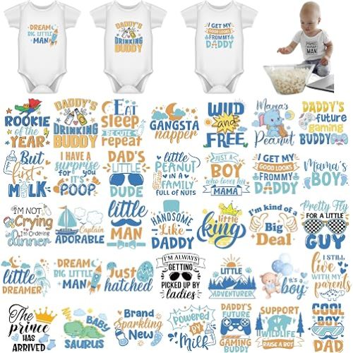 Iron on Decals for Clothing, 36 Sheets, Baby Shower Games Heat Transfer Stickers, Cute Animal Theme, Gender Reveal Patch for Bibs and Bodysuit DIY Crafts (Baby Boy - 36PCS)