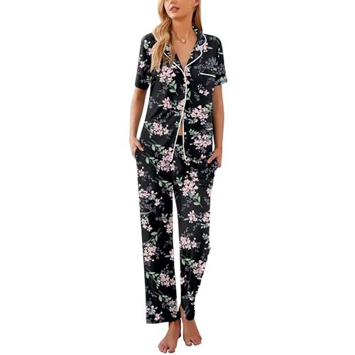 Ekouaer Women Pajamas Set Button Down Sleepwear Short Sleeve Nightwear with Long Pants Soft Pjs Set S-XXL