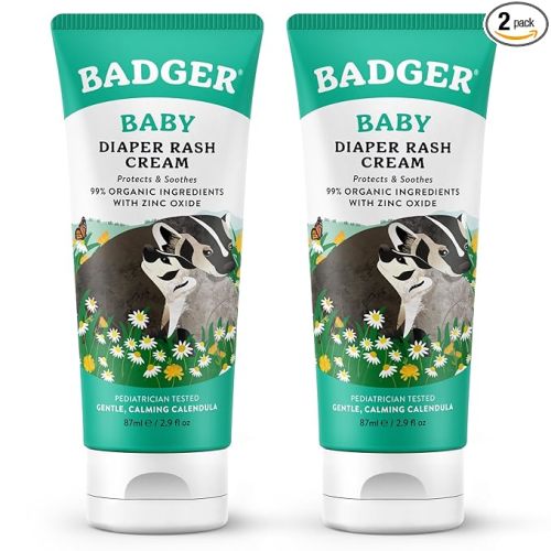Badger Baby Diaper Rash Cream, Zinc Oxide Diaper Cream for Babies, Natural Skin Barrier Cream with Organic Sunflower Oil & Beeswax, 2.9 fl oz, 2-Pack