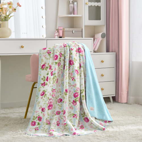 Paris Hilton Luxe Plush Oversized 60" x 70" Reversible Floral Stripe Blue Throw Blanket, for Adults and Teens