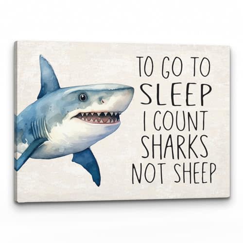 PHAMTE To Go To Sleep i Count Sharks Not Sheep Wall Art, Shark Room Decor & Ocean Shark Themed Poster Print Framed Canvas Artwork For Home, Kids Room, Bedroom, Nursery Decor(11x14 inches)
