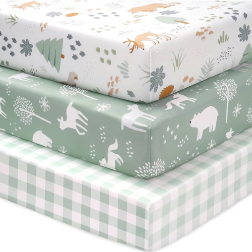 Baby Crib Sheets for Boys and Girls, 3 Pack Fitted Crib Sheets Neutral for 52”x28” Standard Crib and Toddler Mattresses, Ultra Soft & Silky Smooth Microfiber Green Forest Bear