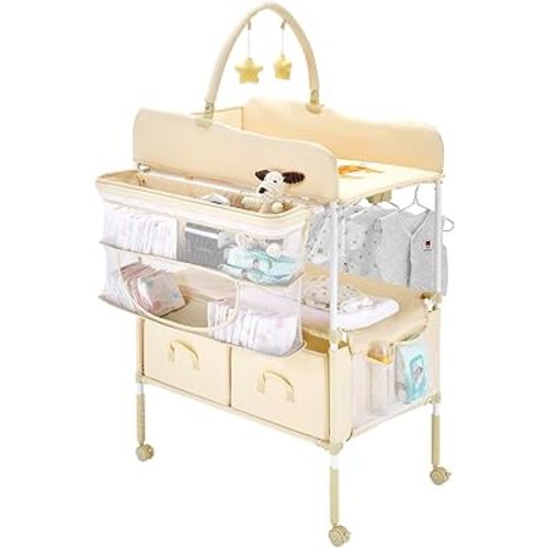 VEVOR Baby Changing Table, Adjustable Height Diaper Change Station with 2 Fabric Drawers, Side Basket and Hanging Rod, Foldable Changing Table with Lockable Wheels and 2 Star Toys, Light Beige