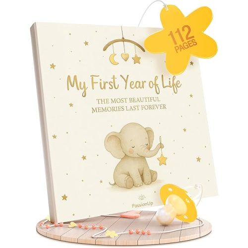 PassionUp® Baby Memory Book for Boy Girl with Extra Space for Favorite Photos - First Year Baby Book Keepsake with Themed and Monthly Sections - 8x8 in. - Lovely Gift for Parents and their Newborns