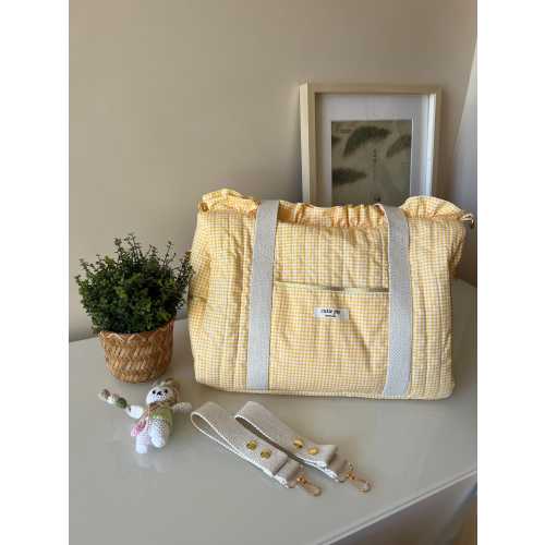 Butter Yellow Gingham Ruffle Stroller Caddy Bag / Travel Weekend Duffle Bag / Baby Shower Gift / Mother Baby Bag with Pockets