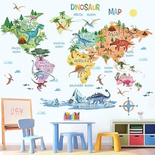 wondever Dinosaur World Map Wall Stickers Dino Animal World Map Peel and Stick Wall Art Decals for Boys Room Kids Bedroom Living Room