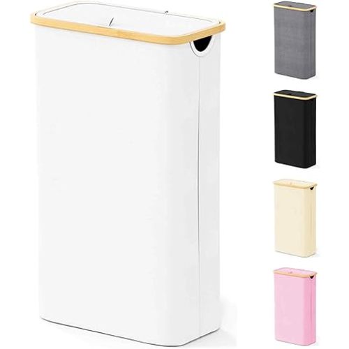 SpaceAid Slim Laundry Hamper with Lid, 65L Narrow Clothes Basket Bin with Bamboo Handles, Skinny Tall Collapsible Hamper for Bedroom, Bathroom, Dorm, Laundry Room - White
