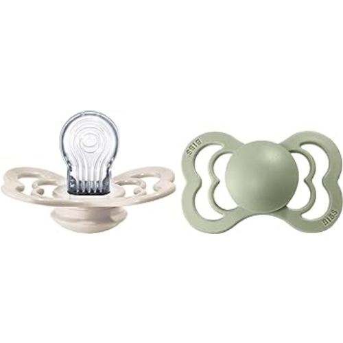 BIBS Pacifiers - Supreme Collection | Symmetrical Nipple | Silicone | Made in Denmark | Set of 2 Ivory/Sage Color Premium Soothers | Size 6-18 Months