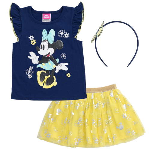 Disney Minnie Mouse Toddler Girls T-Shirt Tulle Mesh Skirt and Headband 3 Piece Outfit Set Toddler to Big Kid