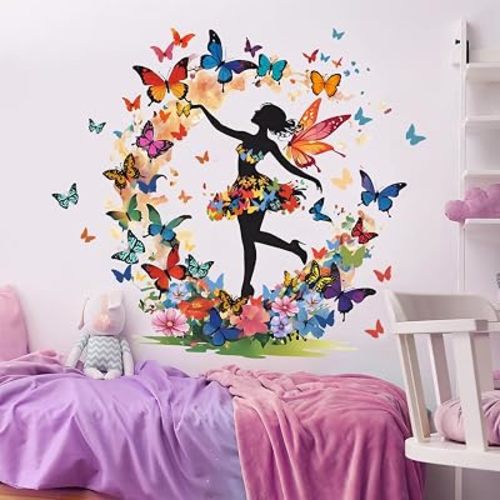 Butterfly Girl Wall Stickers Colorful Butterflies Wall Decals Fairy Flower Peel and Stick Wall Art Decals for Girls Bedroom Baby Nursery
